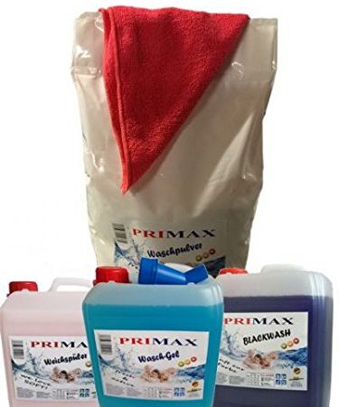 Primax Special 3 bestehend aus 5 Ltr. Blackwash + 5 Ltr. Waschgel + 5 Ltr. Weichspüler + 10 Kg Waschpulver + Microfasertuch + Ausgießer