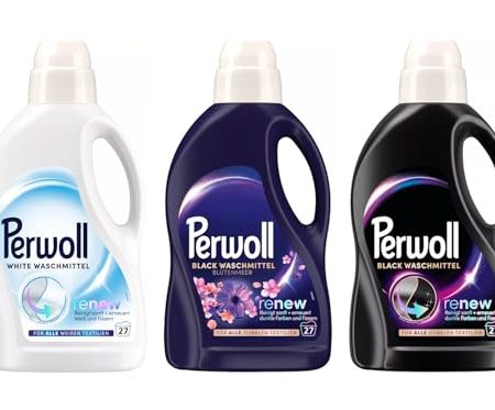 PERWOLL Flüssig-Set 3x 27 Waschladungen (81WL) 1x Black &1x Black Blütenmeer & 1x White, Feinwaschmittel-Set reinigt sanft und erneuert Farben/Weiß, mit Dreifach-Renew-Technologie