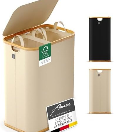 Amara Home & Living - 155 L Wäschekorb mit Deckel - Extra stabiler Wäschekorb-Wäschesammler-Aufbewahrungskorb-Wäschekorb 2 Fächer-Faltbarer Wäschekorb (beige)