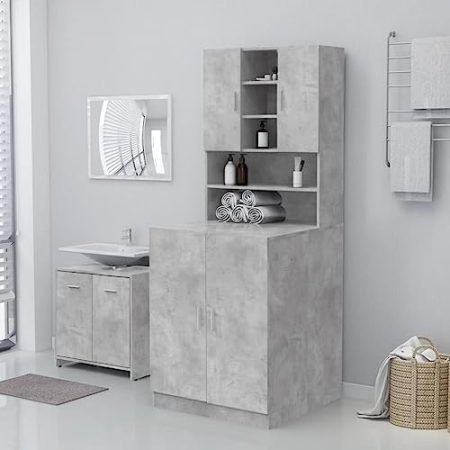 KRHINO Wäscheservice für Waschmaschine, Schrank mit 2 Türen, Betongrau, modernes Design, Schrank für Waschmaschine und Trockner, 71 x 71,5 x 91,5 cm