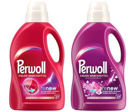 PERWOLL Flüssig-Set 2x 27 Waschladungen (54WL) 1x Color & 1x Color Blütenrausch, Feinwaschmittel reinigt sanft und erneuert Farben und Fasern, mit Dreifach-Renew-Technologie