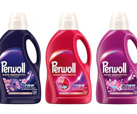 PERWOLL Flüssig-Set 3x 27 Waschladungen (81WL) 1x Color & 1x Color Blütenrausch & 1x Black Blütenmeer, Feinwaschmittel-Set erneuert Farben, mit Dreifach-Renew-Technologie