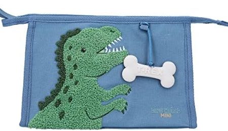 Depesche 12309 Dino World Dino Mini - Waschtasche in Blau, mit Dino-Motiv aus Frotteestoff und Knochen-Anhänger, Kulturbeutel mit Reißverschluss und Aufhänger