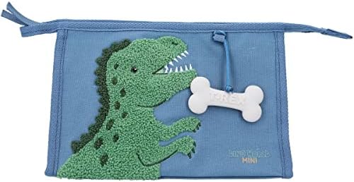 Depesche 12309 Dino World Dino Mini - Waschtasche in Blau, mit Dino-Motiv aus Frotteestoff und Knochen-Anhänger, Kulturbeutel mit Reißverschluss und Aufhänger