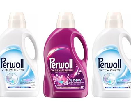 PERWOLL Flüssig-Set 3x 27 Waschladungen (81WL) 1x Color Blütenrausch & 2x White, Feinwaschmittel-Set reinigt sanft und erneuert Farben/Weiß und Fasern, mit Dreifach-Renew-Technologie