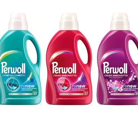 PERWOLL Flüssig-Set 3x 27 Waschladungen (81WL) 1x Color & 1x Color Blütenrausch & 1x Sport, Feinwaschmittel-Set erneuert Farben, Hygiene Waschmittel entfernt schlechte Gerüche