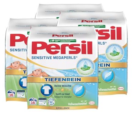 Persil Sensitive Megaperls Tiefenrein 64 Waschladungen (4x 16WL), Waschmittel für Allergiker mit beruhigender Aloe vera für sensible Haut, effektiv von 20 °C bis 95 °C, ECARF-zertifiziert