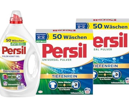 PERSIL-Set Pulver 2x 50 Waschladungen (100WL) Universal & Kraft-Gel 1x 50 Waschladungen Color, Voll- & Colorwaschmittel-Set für reine Wäsche und hygienische Frische für die Maschine