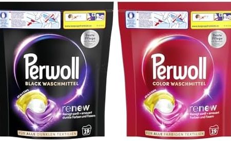 PERWOLL All-in-1 Caps-Set 2x 19 Waschladungen (38WL) 1x Black & 1x Color, All-in-1 Waschmittel Caps-Set reinigen sanft und erneuern Farben & Fasern, mit Dreifach-Renew-Technologie