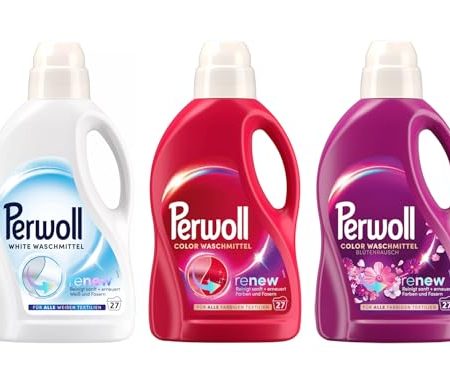 PERWOLL Flüssig-Set 3x 27 Waschladungen (81WL) 1x Color & 1x Color Blütenrausch & 1x White, Feinwaschmittel-Set erneuert Farben/Weiß und Fasern, mit Dreifach-Renew-Technologie