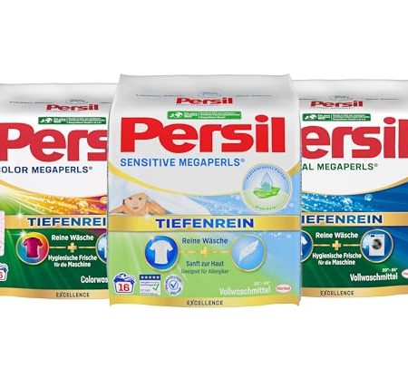 Persil Set Universal & Color & Sensitive Megaperls Tiefenrein 48 Waschladungen (3x 16WL), Voll- und Colorwaschmittel & für Allergiker, sensible Haut, 20 °C bis 95 °C, ECARF-zertifiziert