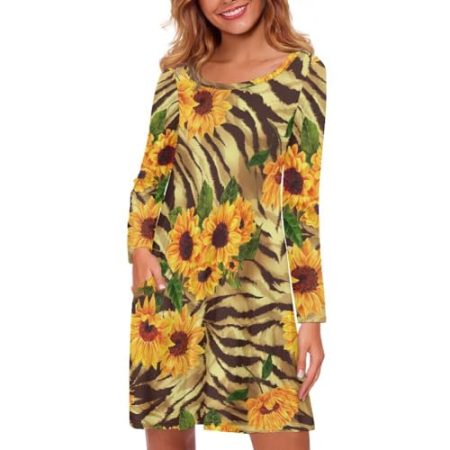 Frauen Lange Rock Sonnenblume Kleid Lange ärmeln Kleid Runde Hals gedruckt Tasche Hause Casual Kleid