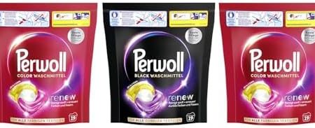 PERWOLL All-in-1 Caps-Set 3x 19 Waschladungen (57WL) 1x Black & 2x Color, All-in-1 Waschmittel Caps-Set reinigen sanft und erneuern Farben & Fasern, mit Dreifach-Renew-Technologie