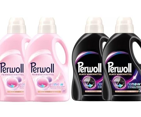 PERWOLL Flüssig-Set 4x 27 Waschladungen (108WL) 2x Black & 2x Für Wolle & Feines, Feinwaschmittel erneuert dunkle Farben und Fasern & Feinwaschmittel glättet und verhindert Knötchen