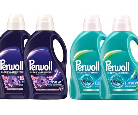 PERWOLL Flüssig-Set 4x 27 Waschladungen (108WL) 2x Black Blütenmeer & 2x Sport, Feinwaschmittel erneuert dunkle Farben und Fasern & Hygiene Waschmittel, entfernt schlechte Gerüche