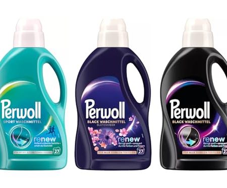 PERWOLL Flüssig-Set 3x 27 Waschladungen (81WL) 1x Black & 1x Black Blütenmeer & 1x Sport, Feinwaschmittel-Set und erneuert Fasern & Hygiene Waschmittel entfernt schlechte Gerüche