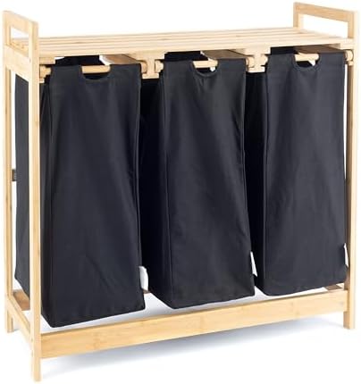 Hanseküche Wäschekorb - FSC®-zertifiziert - 3 Fächer aus Bambus - 90 l Volumen Wäschesammler mit Sortiersystem, Wäschesortierer aus Holz, Praktische Wäschebox für den Haushalt,Laundry Baskets