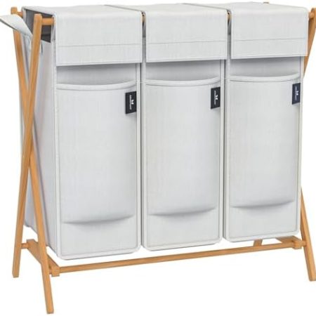 AdelDream Wäschekorb 3 Fächer 150L Bambus Wäschesammler Wäsche Sortiersystem X-förmige Wäschebox laundry baskets Wäschesortierer Hellgrau