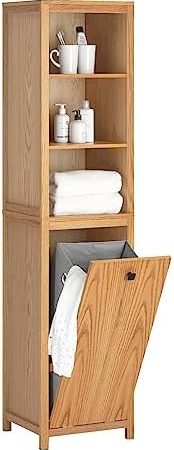 SoBuy BZR95-N Hochschrank Badezimmer Schrank Badschrank schmal mit Wäschesack Wäscheschrank Badregal Badezimmerschrank Badezimmermöbel Natur BHT ca. 40x172x35cm