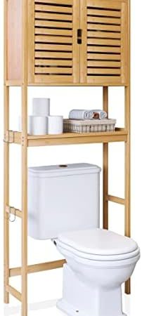 SMIBUY Bad Lagerung Regal mit Schrank, Bambus über die Toilette Veranstalter Rack, freistehende Toilette Platzsparer mit 3-Tier verstellbaren Regalen (Natural)