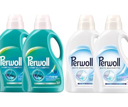 PERWOLL Flüssig-Set 4x 27 Waschladungen (108WL) 2x Sport & 2x White, Hygiene Waschmittel reinigt sanft, entfernt schlechte Gerüche & Feinwaschmittel erneuert Weiß und Fasern