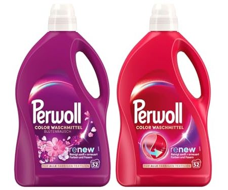 PERWOLL Flüssig-Set 2x 52 Waschladungen (104WL) 1x Color & 1x Color Blütenrausch, Feinwaschmittel-Set reinigt sanft und erneuert Farben und Fasern, mit Dreifach-Renew-Technologie