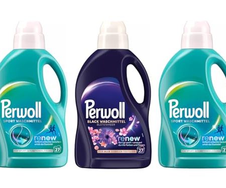 PERWOLL Flüssig-Set 3x 27 Waschladungen (81WL) 1x Black Blütenmeer & 2x Sport, Feinwaschmittel erneuert dunkle Farben und Fasern & Hygiene Waschmittel, entfernt schlechte Gerüche