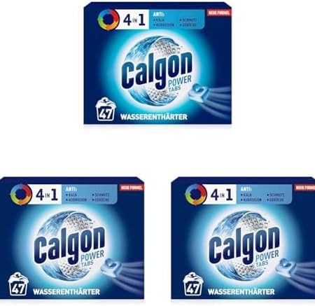 Calgon 4-in-1 Power Tabs – Wasserenthärter gegen Kalkablagerungen, Schmutz und Korrosion in der Waschmaschine – Beugt unangenehmen Gerüchen vor – 1 x 47 Tabs (Packung mit 3)