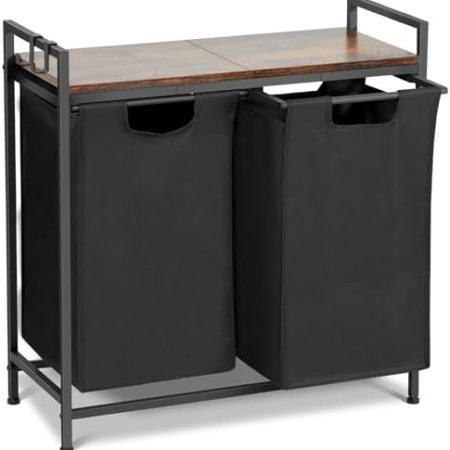 HAUSPROFI Wäschekorb 2 Fächer mit Ablage, Wäschesammler mit 2 Abnehmbaren Oxford-Tuchbeuteln und Metallrahmen, Schmutzwäschebehälter 2 x 46 Liter, 73 x 30 x 74 cm (Schwarz)