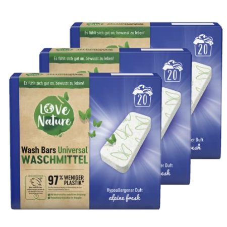 Love Nature Wash Bars Universal Waschmittel, 60 (3 x 20) Waschladungen, vordosiert und mit nachhaltiger Verpackung, kompakte Waschkraft mit Inhaltsstoffen natürlichen Ursprungs