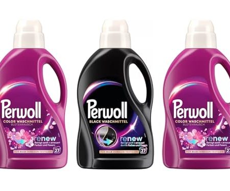 PERWOLL Flüssig-Set 3x 27 Waschladungen (81WL) 1x Black & 2x Color Blütenrausch, Feinwaschmittel-Set reinigt sanft und erneuert Farben und Fasern, mit Dreifach-Renew-Technologie