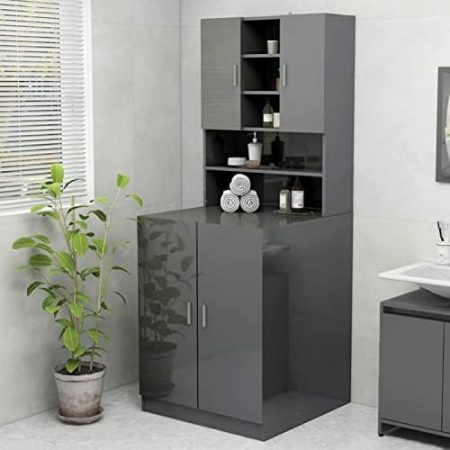 Catherinol Waschmaschinenschrank, Waschmaschinenregal, Toilettenregal, Badezimmerregal, Hochschrank, Badezimmerschrank, Überbauregal, Hochglanz-Grau 70,5x25,5x90 cm