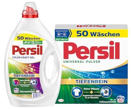 PERSIL-Set Pulver 1x 50 Waschladungen Universal & Kraft-Gel 1x 50 Waschladungen Color, Voll- & Colorwaschmittel-Set für reine Wäsche und hygienische Frische für die Maschine