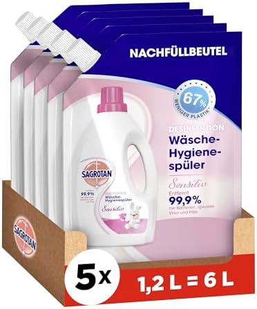 Sagrotan Wäsche-Hygienespüler Sensitiv Nachfüller – Desinfektionsspüler für hygienisch saubere und frische Wäsche – 5 x 1,2 l Reiniger im praktischen Vorteilspack