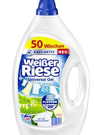 Weißer Riese Universal Gel (50 Waschladungen), Vollwaschmittel sorgt für strahlend saubere Wäsche & wirkt riesig stark gegen Flecken, Kalt-Aktiv schon ab 20° C, 100% recycelbar