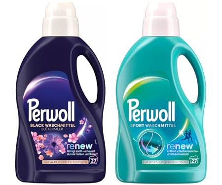 PERWOLL Flüssig-Set 2x 27 Waschladungen (54WL) 1x Black Blütenmeer & 1x Sport, Feinwaschmittel erneuert dunkle Farben und Fasern & Hygiene Waschmittel, entfernt schlechte Gerüche