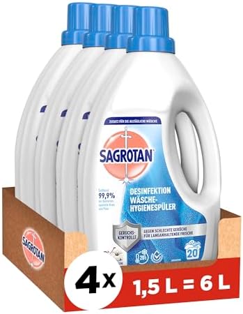 Sagrotan Wäsche-Hygienespüler Himmelsfrische – Desinfektionsspüler für hygienisch saubere und frische Wäsche – 4 x 1,5 l Reiniger im praktischen Vorteilspack