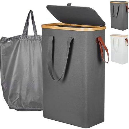 Yamagahome 52L Schmaler Wäschekorb mit Deckel, Slim Wäschesammler mit Wäschesack und 5 Gummifüße, Faltbarer Wäschetruhe aus Bambus und Wasserdichter Stoff für Apartment, Wohnheim und Wohnwagen