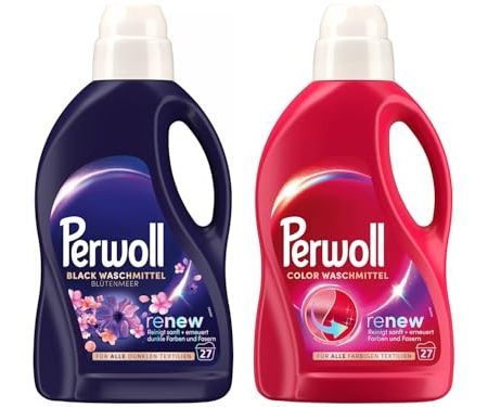 PERWOLL Flüssig-Set 2x 27 Waschladungen (54WL) 1x Black Blütenmeer & 1x Color, Feinwaschmittel reinigt sanft und erneuert Farben und Fasern, mit Dreifach-Renew-Technologie