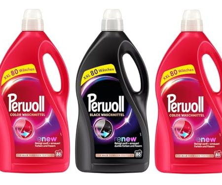 PERWOLL Flüssig-Set 3x 80 Waschladungen (240WL) 1x Black & 2x Color, Feinwaschmittel-Set reinigt sanft und erneuert Farben und Fasern, Waschmittel mit Dreifach-Renew-Technologie