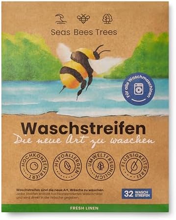 Seas Bees Trees Waschmittel Blätter, Reisewaschmittel, nachhaltige Wäschestreifen mit frischem Duft, für Weiß-, Bunt- und Handwäsche, CO2 sparen und die Umwelt schonen, 32 Streifen, Fresh Linen