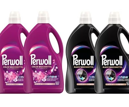 PERWOLL Flüssig-Set 4x 52 Waschladungen (208WL) 2x Black & 2x Color Blütenrausch, Feinwaschmittel-Set reinigt sanft und erneuert Farben und Fasern, mit Dreifach-Renew-Technologie