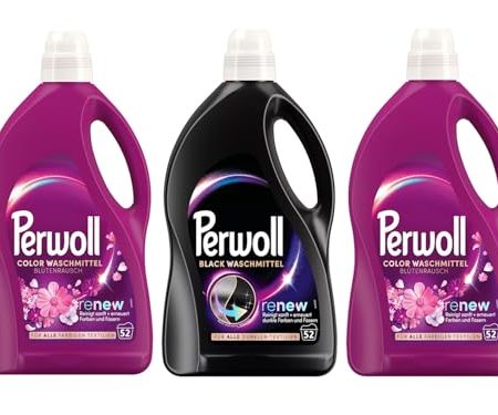 PERWOLL Flüssig-Set 3x 52 Waschladungen (156WL) 1x Black & 2x Color Blütenrausch, Feinwaschmittel-Set reinigt sanft und erneuert Farben und Fasern, mit Dreifach-Renew-Technologie