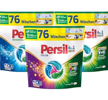 Persil Set 2x Universal & 1x Color 4in1 DISCS 228 Waschladungen (3x 76WL), Vollwaschmittel & Color Waschmittel Tiefenrein, für reine Wäsche und hygienische Frische für die Maschine