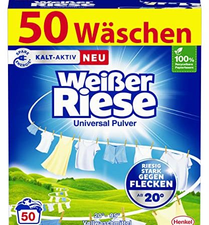 Weißer Riese Universal Pulver (50 Waschladungen), Vollwaschmittel riesig stark gegen Flecken, Kalt-Aktiv schon ab 20° C, ergiebiges Waschpulver, ideal für Familien mit Kindern