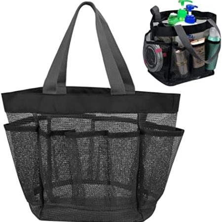 Tragbarer Duschkorb aus Netzstoff, Duschtasche mit 8 Taschen und Tragegriff, Mesh Strandtasche Waschtasche Aufbewahrungstasche Organizer Hängetasche für Reisen Wohnheim Fitnessstudio Camping, Schwarz