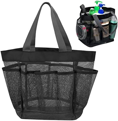 Tragbarer Duschkorb aus Netzstoff, Duschtasche mit 8 Taschen und Tragegriff, Mesh Strandtasche Waschtasche Aufbewahrungstasche Organizer Hängetasche für Reisen Wohnheim Fitnessstudio Camping, Schwarz