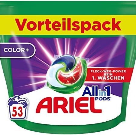 Ariel Allin1 PODS, Flüssigwaschmittel-Kapseln Color+ 53 Waschladungen, Ausgezeichnete Fleckentfernung Beim 1. Waschen