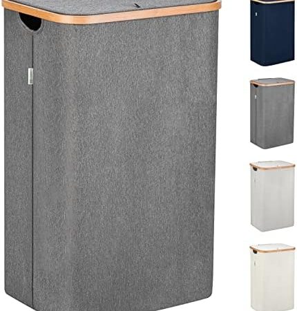 Lonbet - Wäschekorb mit Deckel Groß - XL 100 Liter - Wäschekorb Holz Bambus - Wäschesammler Grau mit Griffen - Grey Laundry Basket - Laundry Hamper with Lid