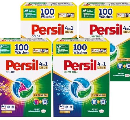 Persil Set 2x Universal & 2x Color 4in1 DISCS 400 Waschladungen (4x 100WL), Vollwaschmittel & Color Waschmittel Tiefenrein, für reine Wäsche und hygienische Frische für die Maschine